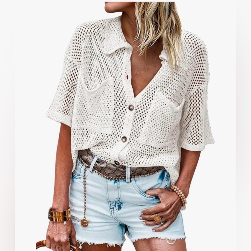 NWT White Coastal Open Knit Crocheted Cardigan Short Sleeve Boho Sweater
